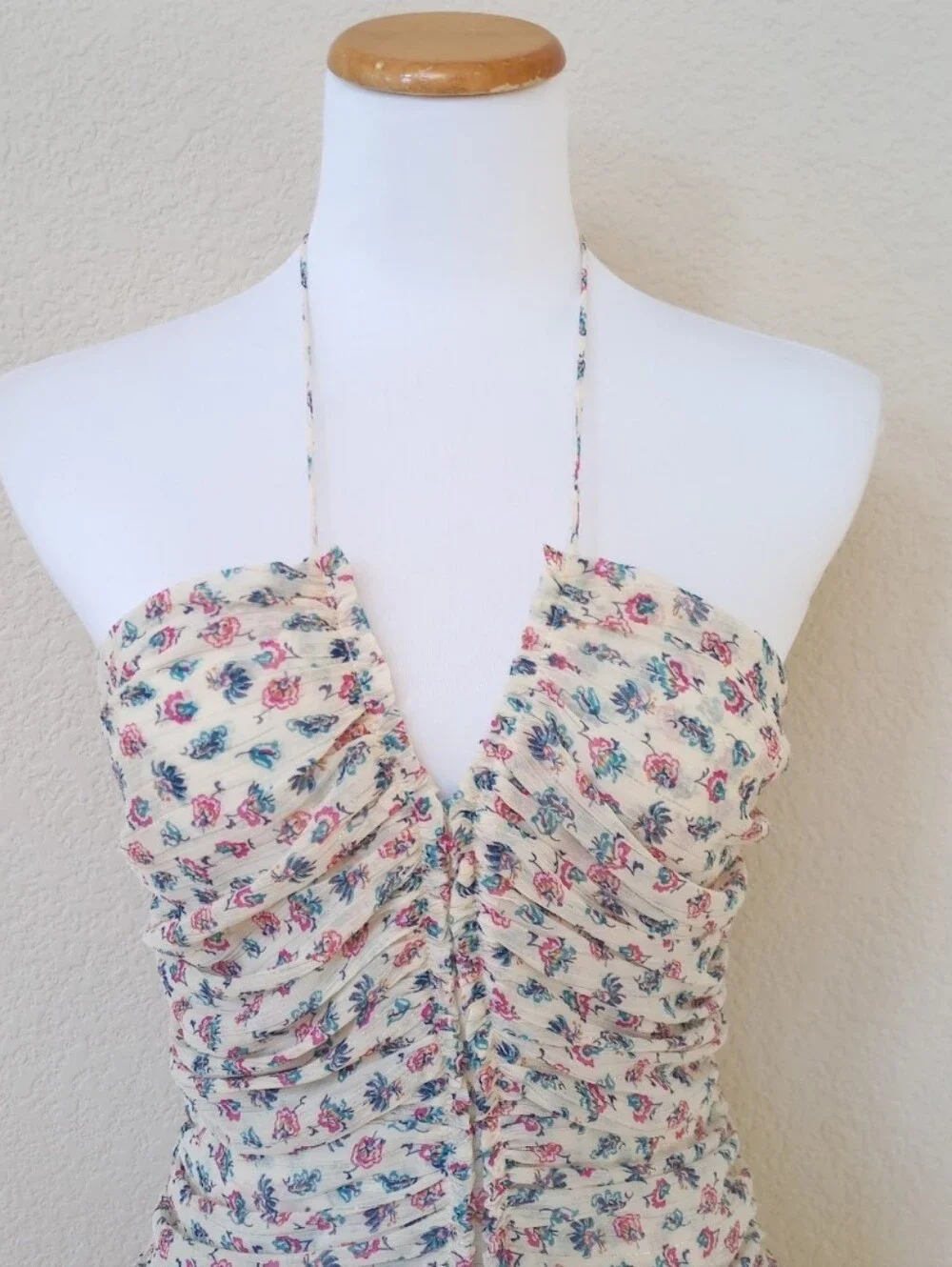 Zara cream ruched halter mini dress with subtle floral and metallic accents